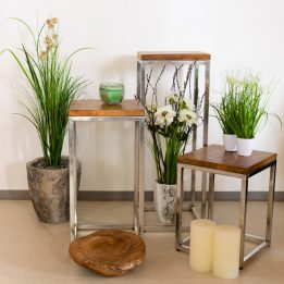 Pflanzenständer, Holzplatte aus Teak Wurzelholz, mit polierten Alufüßen